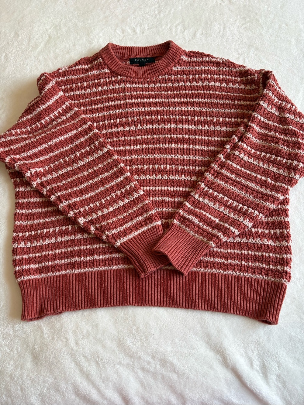 PacSun Rust and Cream Striped Crewneck Sweater